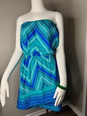 Express Strapless Chevron Dress in Teal and Blue